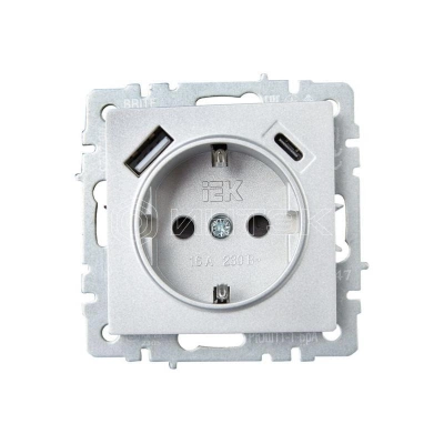 Розетка BRITE РЮш11-1-БрА 16А с USB A+C 18Вт с заземл. защ. шторки механизм алюм. IEK BR-R14-16-U22-018-K47 изображение, фото