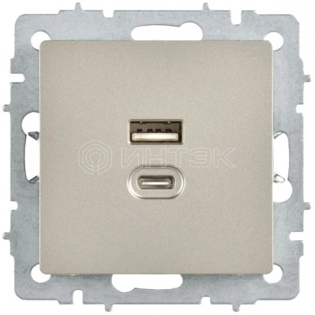 Розетка СП BRITE РЮ11-2-БрШ USB A+C 45Вт высокоскор. заряд. шампань IEK BR-U22-045-K37 изображение, фото