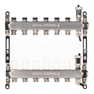Коллектор Royal Thermo нерж. в сборе универсальный 1quot; ВР-3/4quot; НР с автомат. воздухоотвод-ми 6 вых. изображение, фото