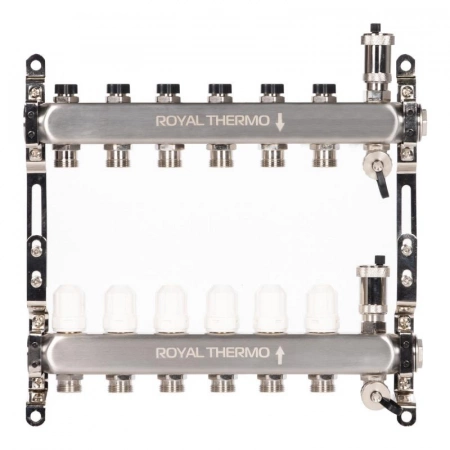 Коллектор Royal Thermo нерж. в сборе универсальный 1quot; ВР-3/4quot; НР с автомат. воздухоотвод-ми 6 вых. изображение, фото