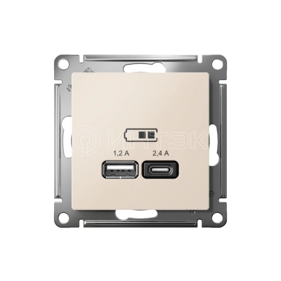 Розетка USB AtlasDesign тип A+C 5В/2.4А 2х5В/1.2А механизм беж. Systeme Electric ATN000239 изображение, фото