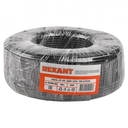 Кабель витая пара U/UTP кат.5E 4х2х24AWG CU медь 100МГц PE OUTDOOR черн. (уп.100м) Rexant 01-0045-100 изображение, фото