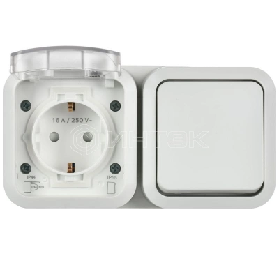 Блок ОП TORS TS342 (розетка + выключатель) 16А IP55 горизонт. бел. IEK TS-G10-6-55-V-K01 изображение, фото