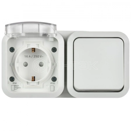 Блок ОП TORS TS342 (розетка + выключатель) 16А IP55 горизонт. бел. IEK TS-G10-6-55-V-K01 изображение, фото