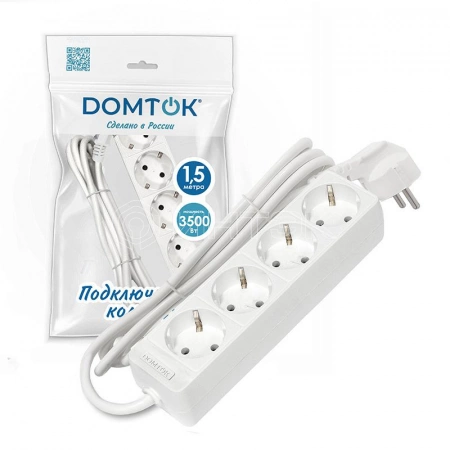 Удлинитель 4х1.5м с заземл. 16А IP20 3.5кВт ПВС 3х1 бел. DOMTOK 2394 изображение, фото