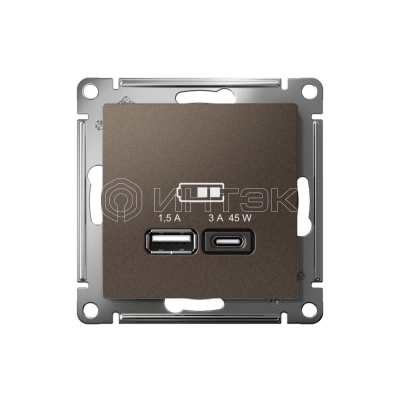 Розетка USB AtlasDesign тип A+C 45Вт QC PD высокоскор. ЗУ механизм мокко Systeme Electric ATN000629 изображение, фото