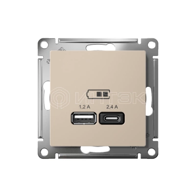 Розетка USB AtlasDesign тип A+C 5В/2.4А 2х5В/1.2А механизм песочн. Systeme Electric ATN001239 изображение, фото