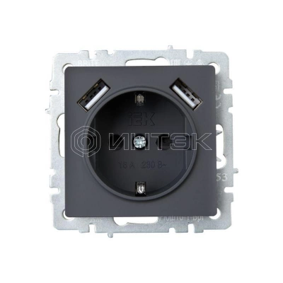 Розетка BRITE РЮш10-1-БрГ 16А с USB A+A 2.1А с заземл. защ. шторки механизм графит IEK BR-R14-16-U21-D21-K53 изображение, фото