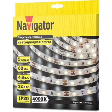 Лента светодиодная 71 400 NLS-3528W60-4.8 IP20 12B R5 4.8Вт/м (уп.5м) Navigator 71400 изображение, фото