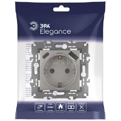 Розетка Elegance 14-4108-16 16A 250В 2P+E защ. шторки с USB type-A+C 3А 5В титан Эра Б0067695 изображение, фото