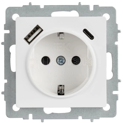 Розетка BRITE РЮш11-1-БрАБ 16А с USB A+C 18Вт с заземл. защ. шторки механизм арктич. бел. IEK BR-R14-16-U22-018-K91 изображение, фото