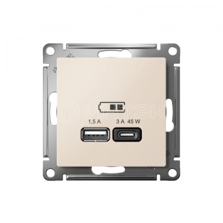 Розетка USB AtlasDesign тип A+C 45Вт QC PD высокоскор. ЗУ механизм беж. Systeme Electric ATN000229 изображение, фото