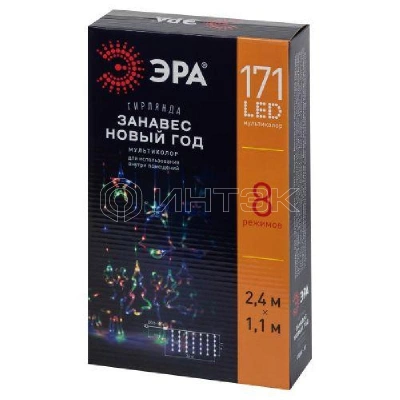 Гирлянда светодиодная "Занавес" "Новый год" 2.4х1.1м 171LED мультиколор IP2 220В 8 режимов дл. провода 3м Эра Б0055998 изображение, фото